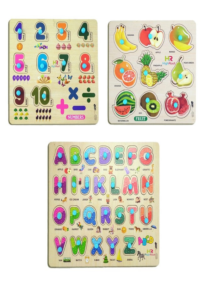 HIGHROOF® Kids Fort Pre Nursery Educational Jigsaw Puzzles for Adults Kids Learning Toys Kit Board Game 3 pcs Set of Numbers Alphabets & Fruits Educational Toy - Image 1